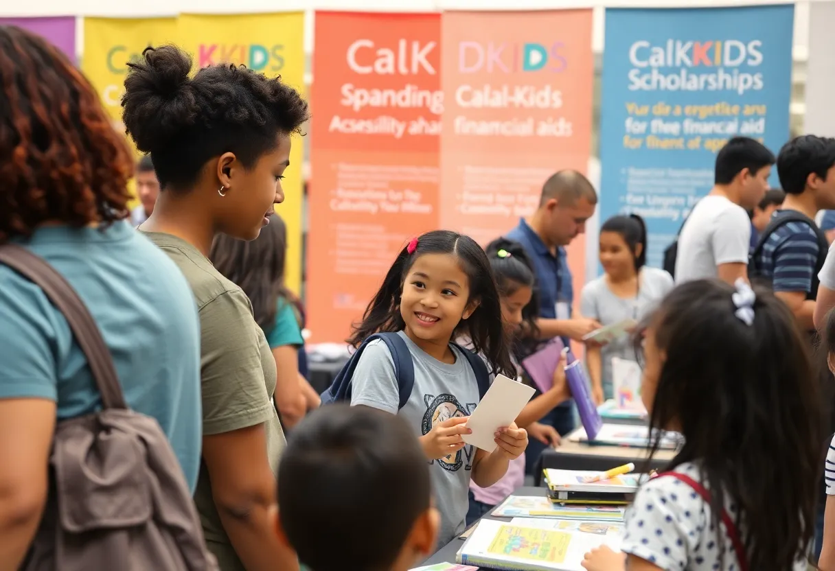 Families receiving information about CalKIDS scholarships at a community event.