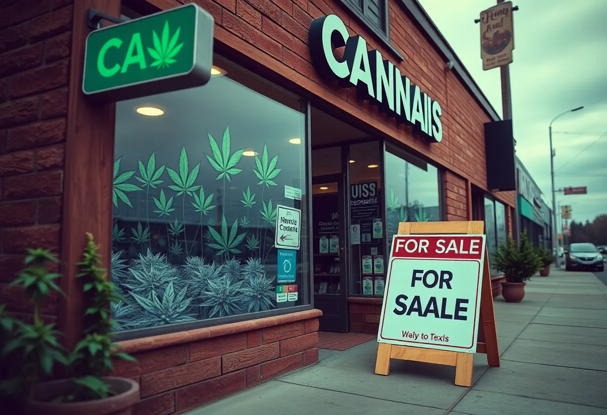 Cannabis dispensary with a 'For Sale' sign