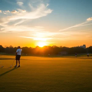 Golfer swinging on a picturesque golf course at sunset