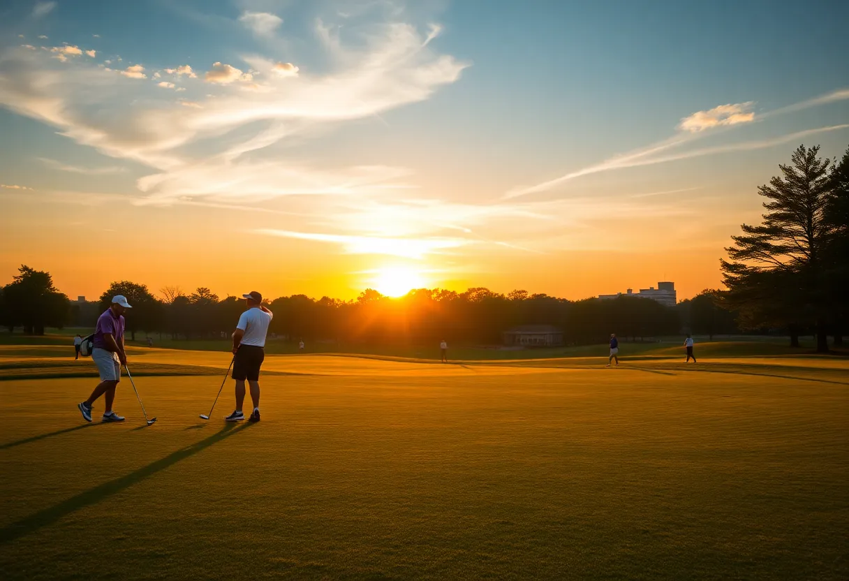 Golfer swinging on a picturesque golf course at sunset