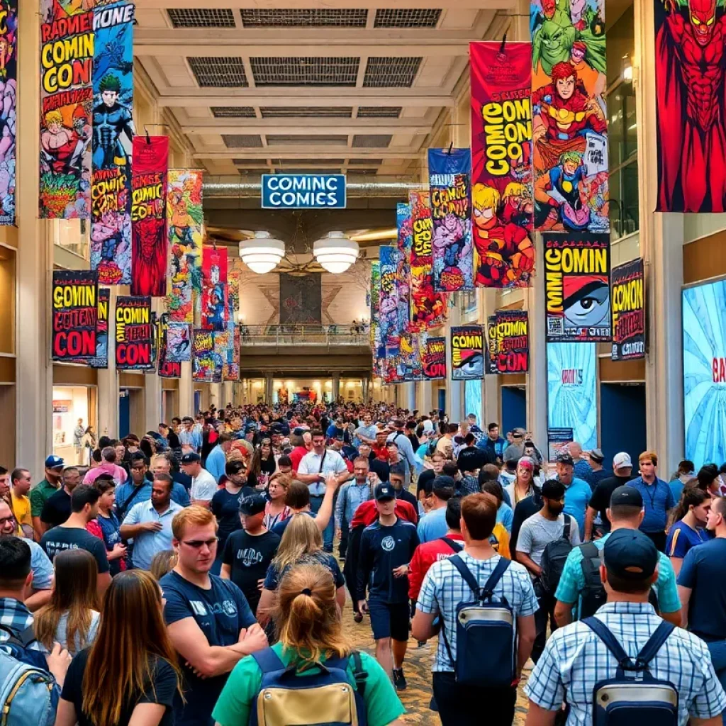 A lively hotel scene during Comic-Con with excited attendees and superhero costumes.