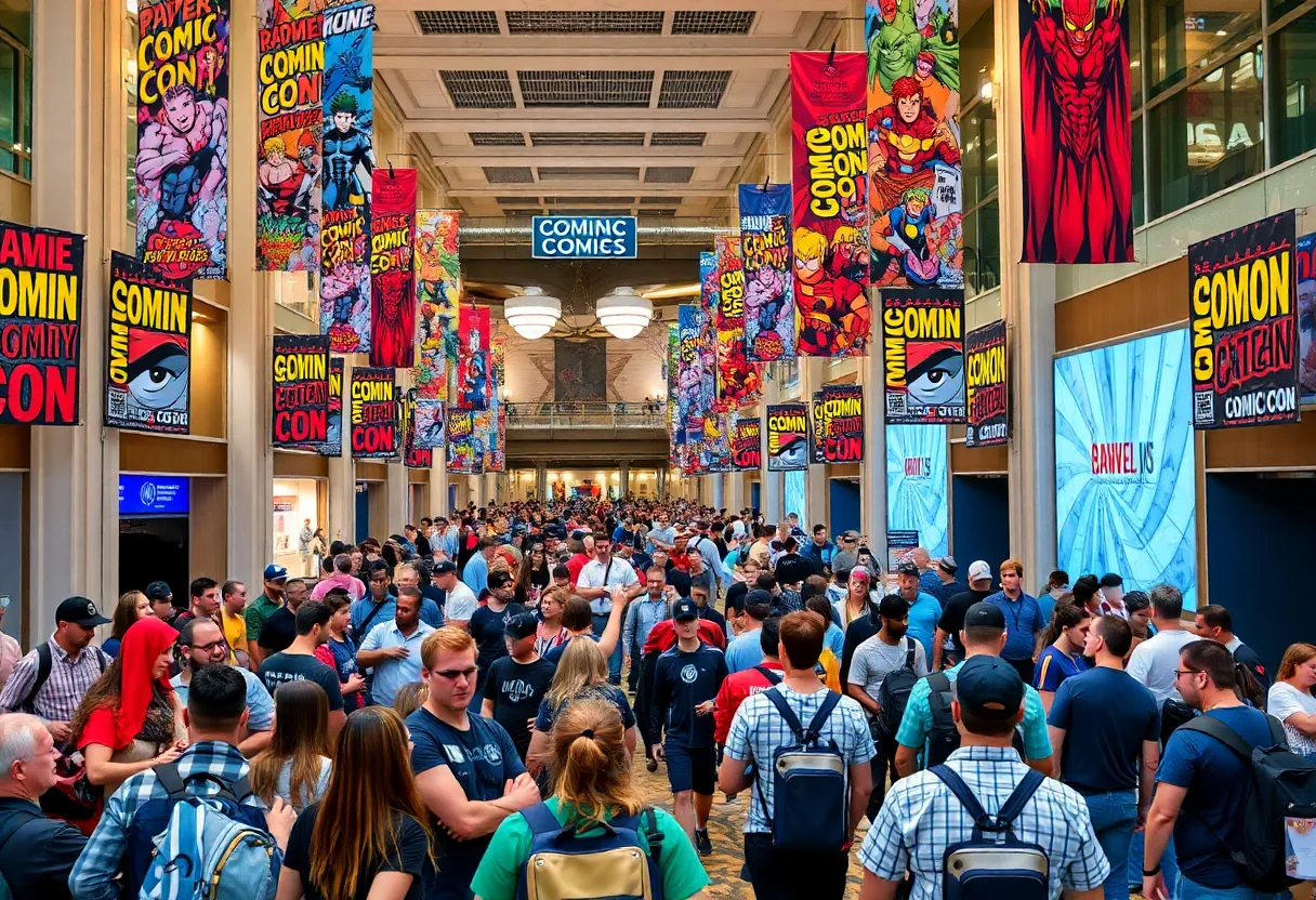 A lively hotel scene during Comic-Con with excited attendees and superhero costumes.