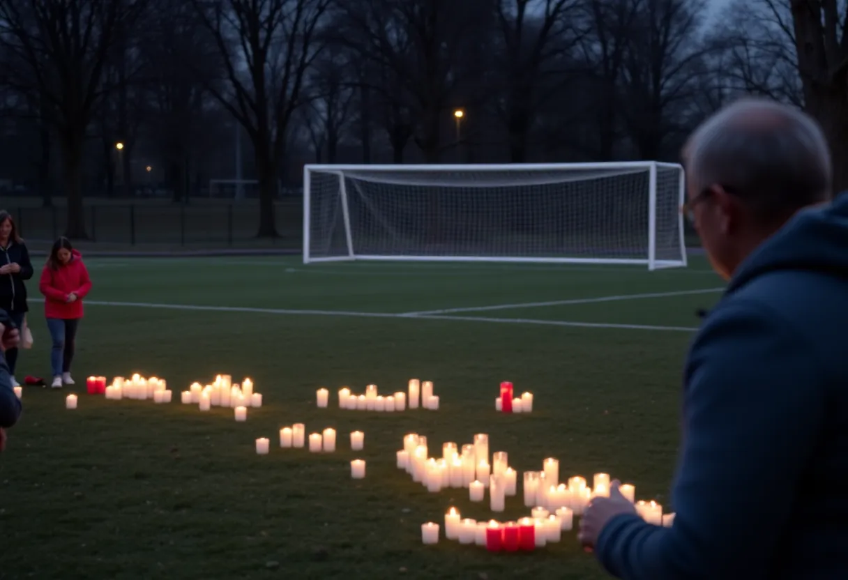 Community gathering in memory of a young soccer player