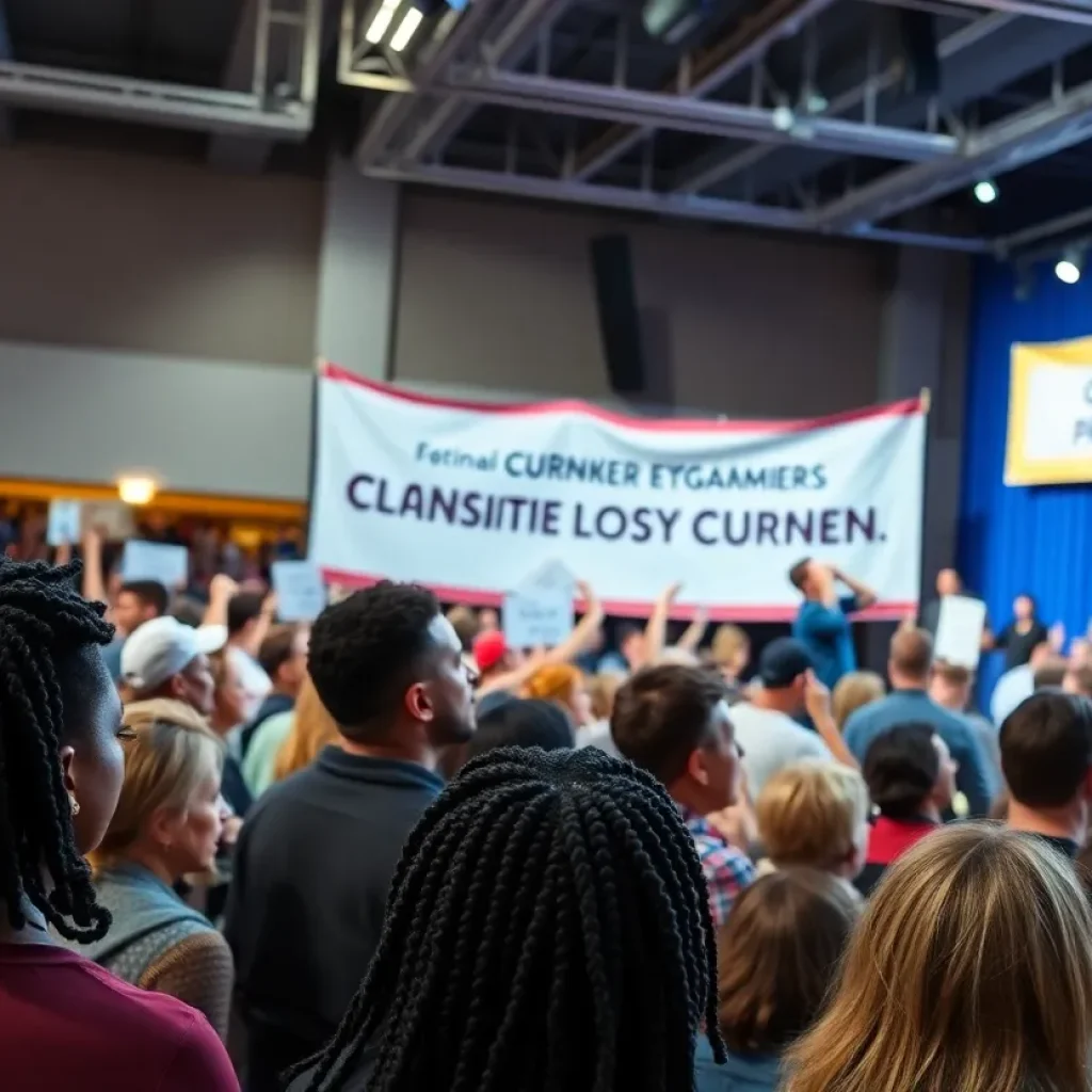 Crowd attending a political speaking event in San Diego