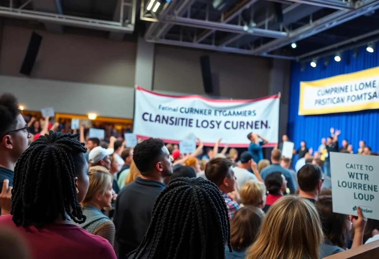 Crowd attending a political speaking event in San Diego