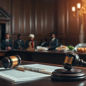 Dramatic courtroom scene with legal documents and a gavel