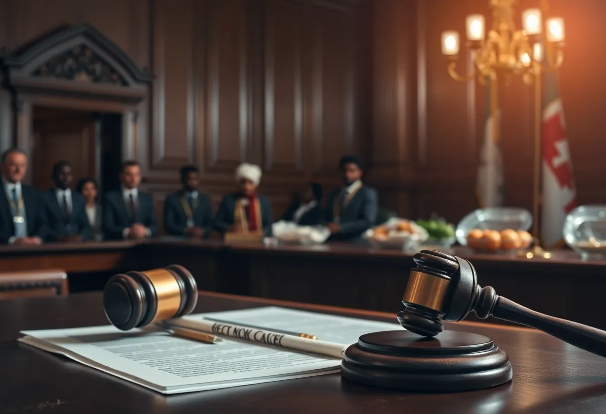 Dramatic courtroom scene with legal documents and a gavel