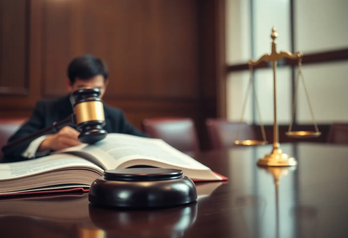 A courtroom depicting the essence of justice with a gavel and legal symbols.