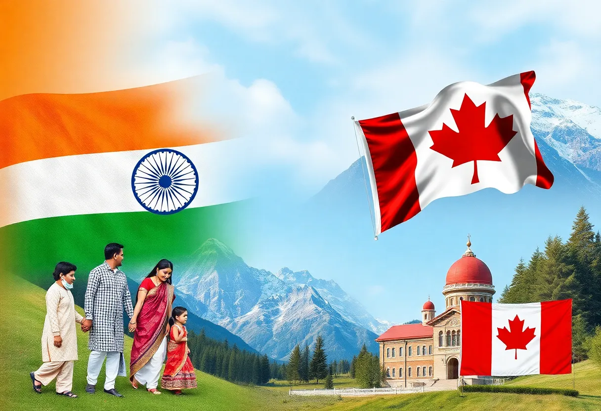 Cultural representation of India and Canada with family elements.