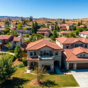 Aerial view of Dixon Trail community showcasing wildfire-resilient homes.