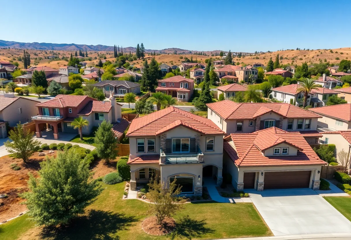 Aerial view of Dixon Trail community showcasing wildfire-resilient homes.