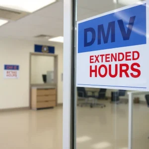 A DMV office sign indicating extended hours for Real ID applications.