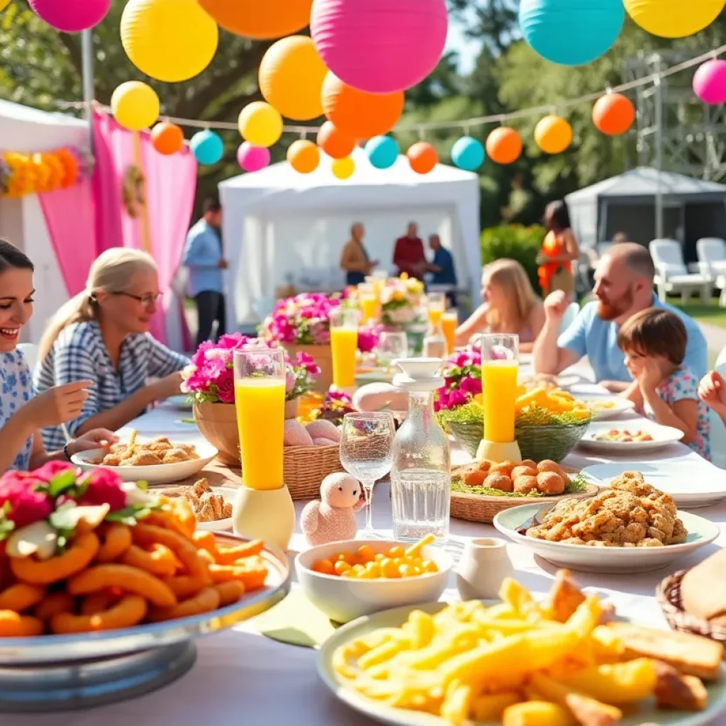 Vibrant Easter brunch in San Diego featuring families and delicious food.