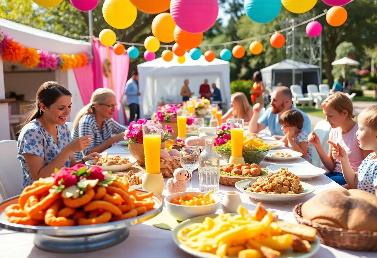 Vibrant Easter brunch in San Diego featuring families and delicious food.