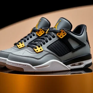 A pair of exclusive Air Jordan 4 Player Exclusive sneakers in gray and black with gold accents