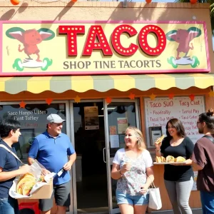 Customers enjoying tacos and celebrations at Fuzzy's Taco Shop in Barstow