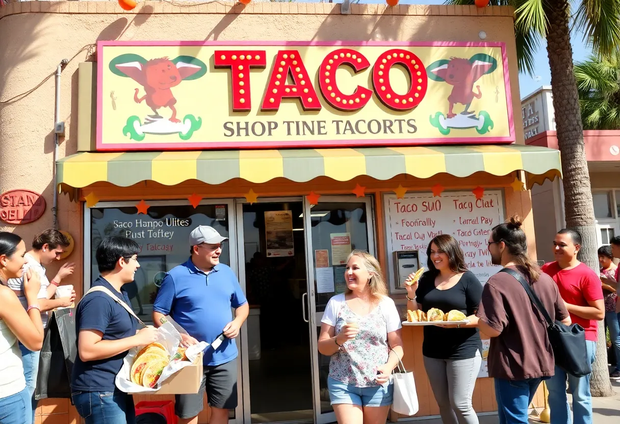 Customers enjoying tacos and celebrations at Fuzzy's Taco Shop in Barstow