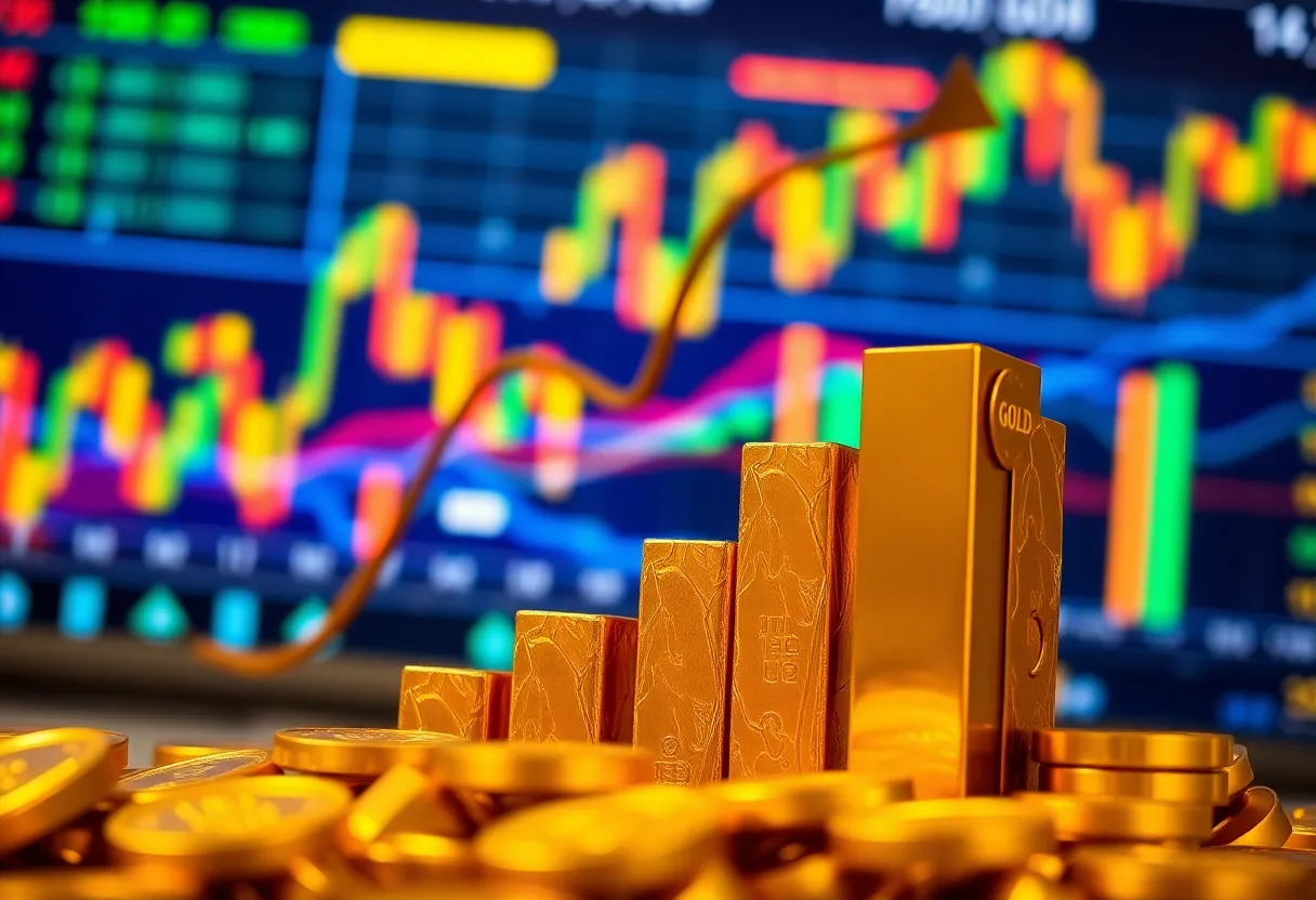 Visual representation of rising gold prices alongside trade symbols