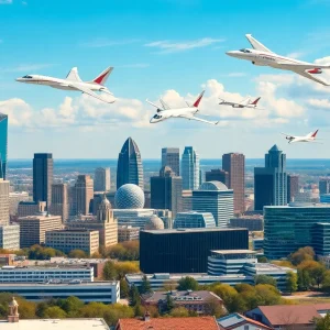 Futuristic skyline of Greensboro, North Carolina, showcasing aircraft imagery.