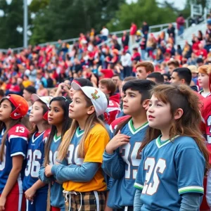 Students in colorful uniforms at a high school football game showing unity and school spirit.