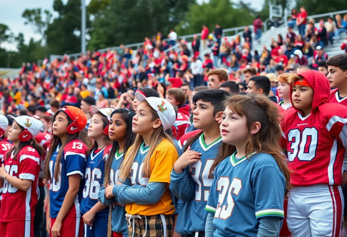 Students in colorful uniforms at a high school football game showing unity and school spirit.