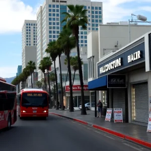 Empty Hollywood Boulevard with closed shops, representing Los Angeles tourism decline