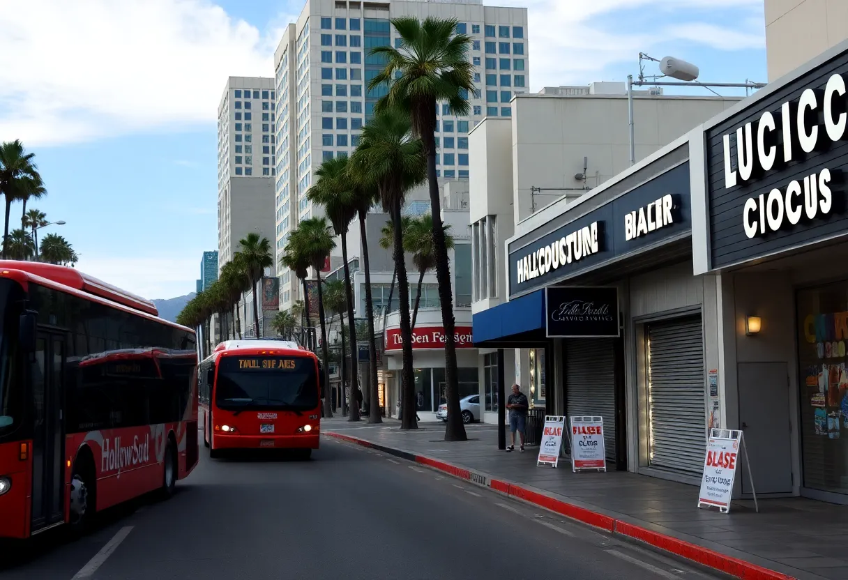 Empty Hollywood Boulevard with closed shops, representing Los Angeles tourism decline