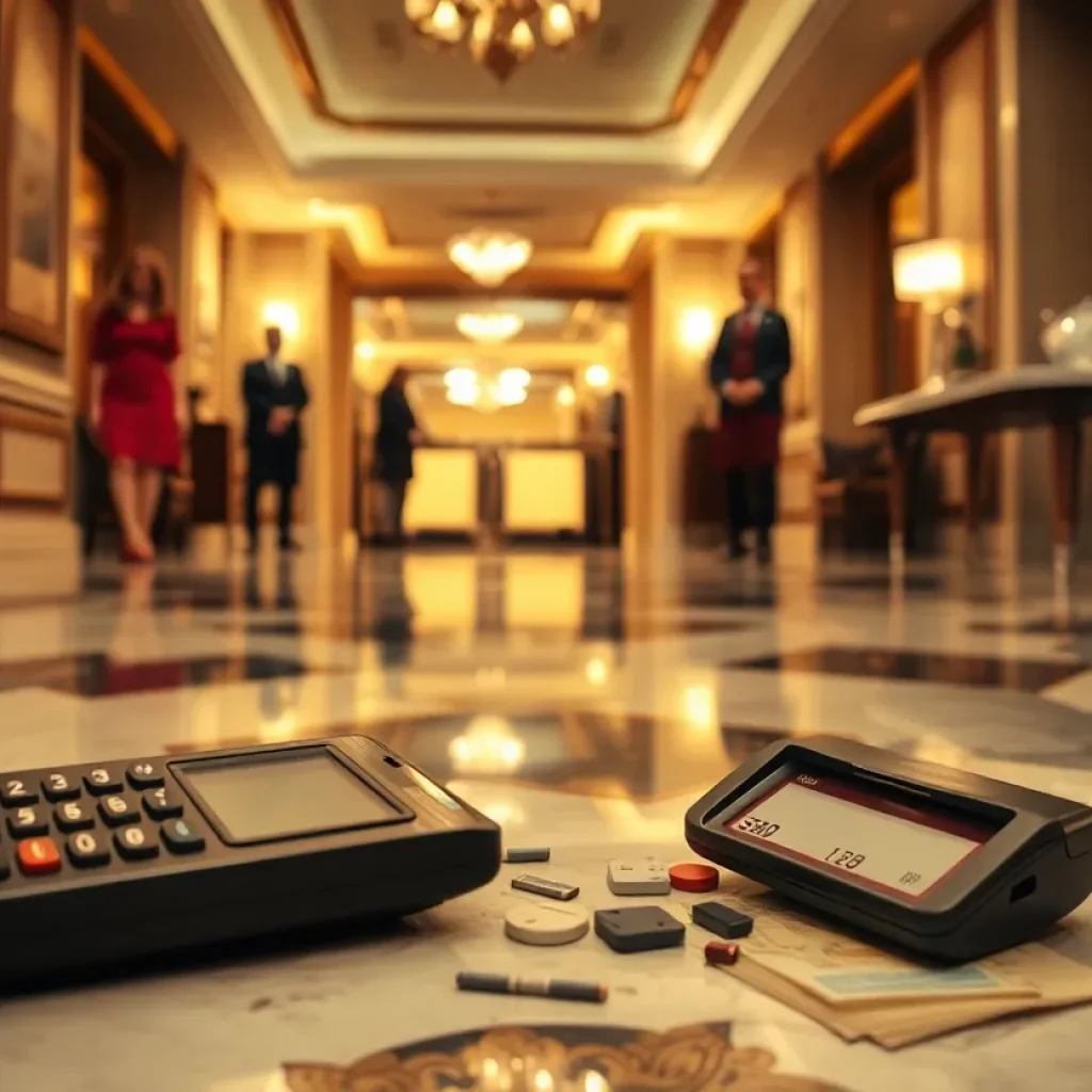 Hotel lobby after an altercation, showcasing a broken credit card reader.