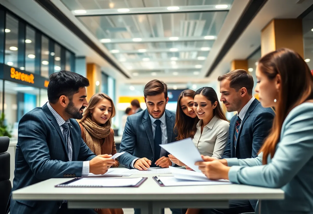 A contemporary banking office with strategic discussions taking place