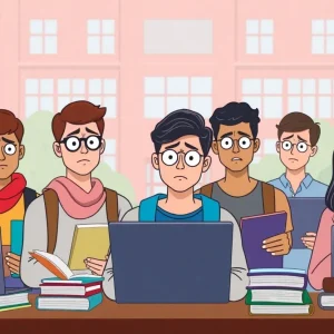 Group of international students on a university campus looking worried