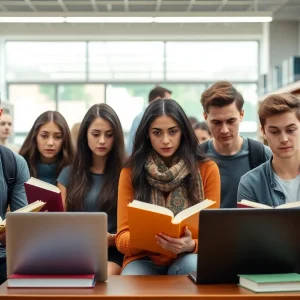 Group of anxious international students in a library