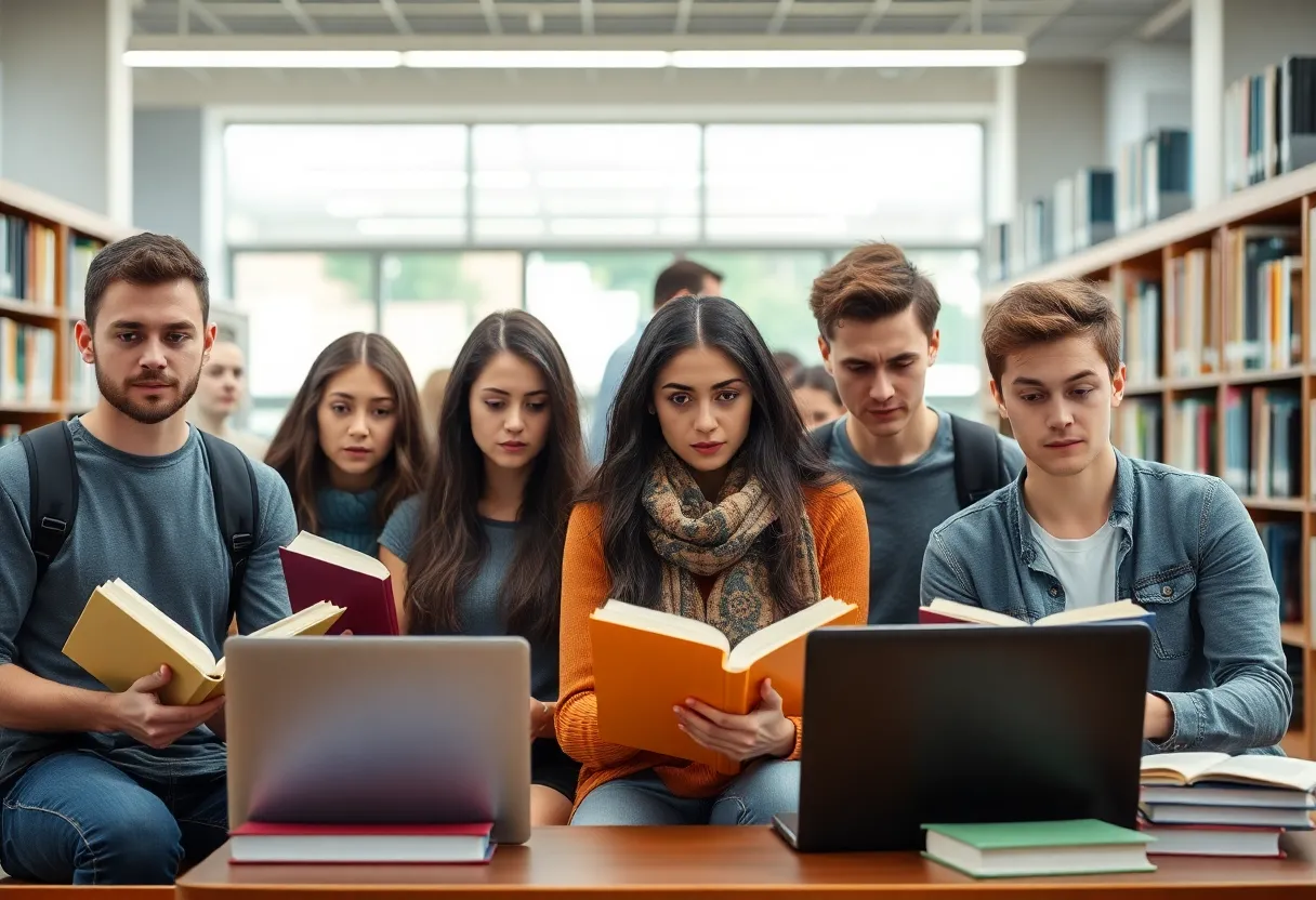 Group of anxious international students in a library