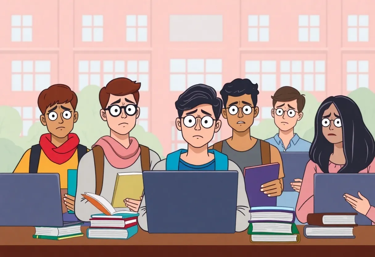 Group of international students on a university campus looking worried