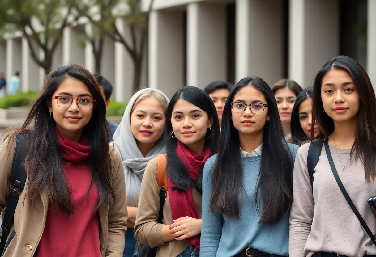 Diverse group of international students expressing concern on campus