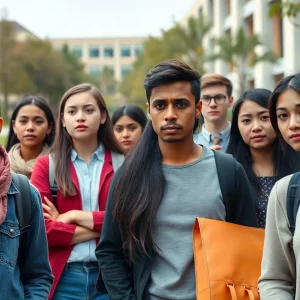 Anxious international students on a university campus representing multiple cultures.