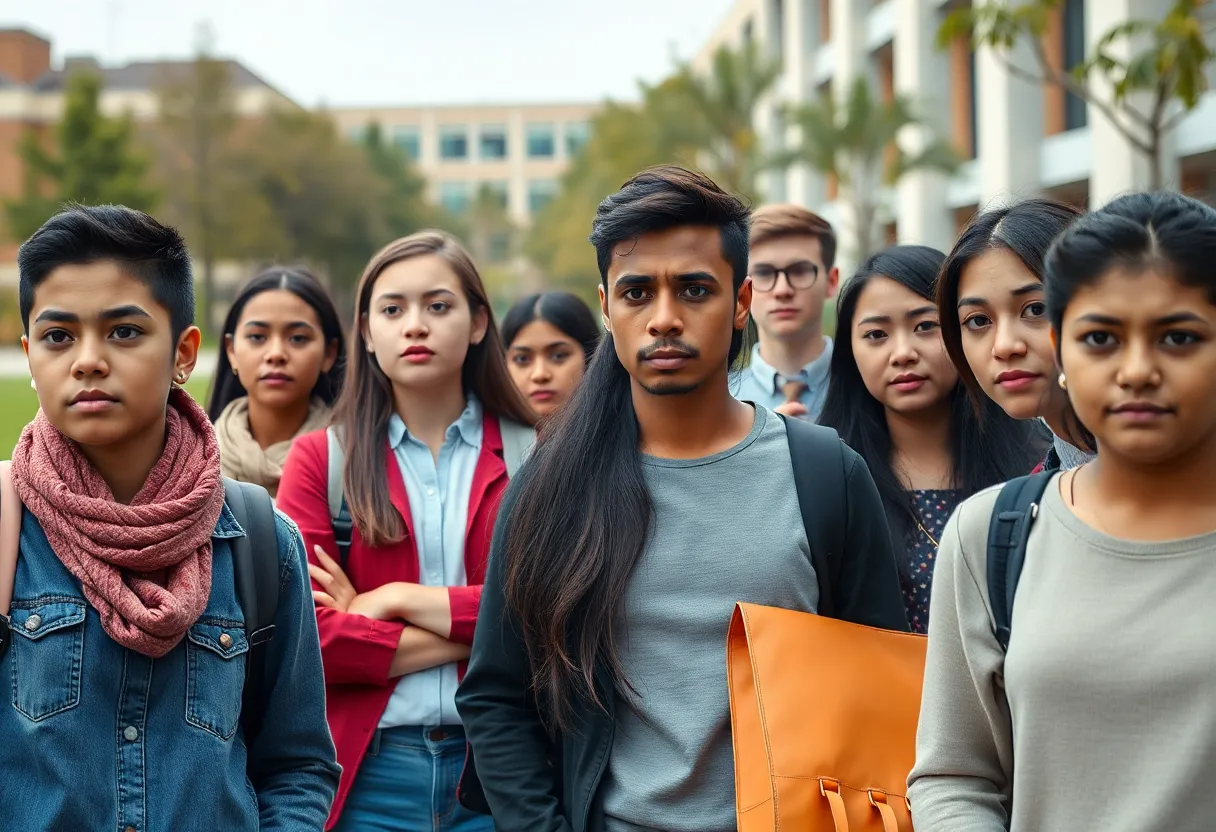 Anxious international students on a university campus representing multiple cultures.
