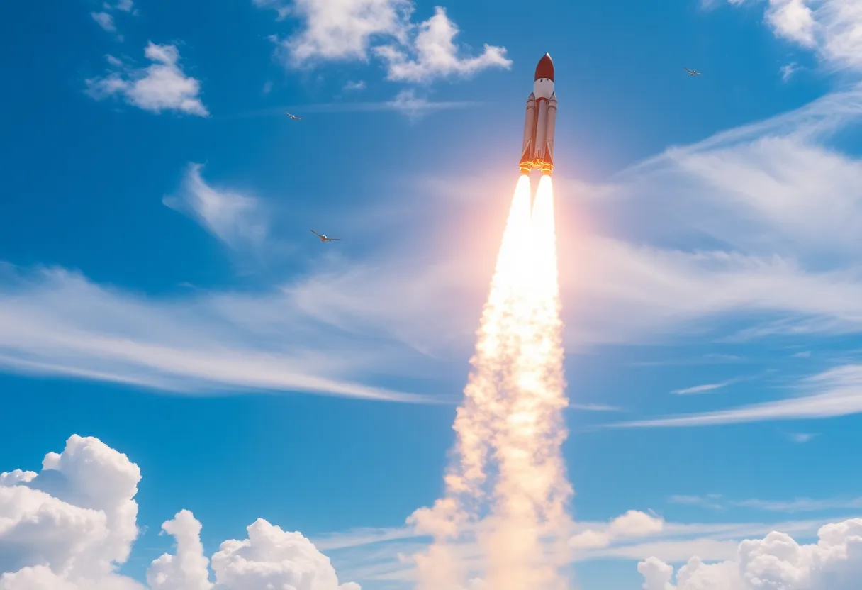 A rocket launch depicting the first batch of satellites from Amazon's Project Kuiper.