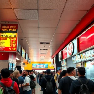 Busy fast food restaurant in Los Angeles showing high prices.