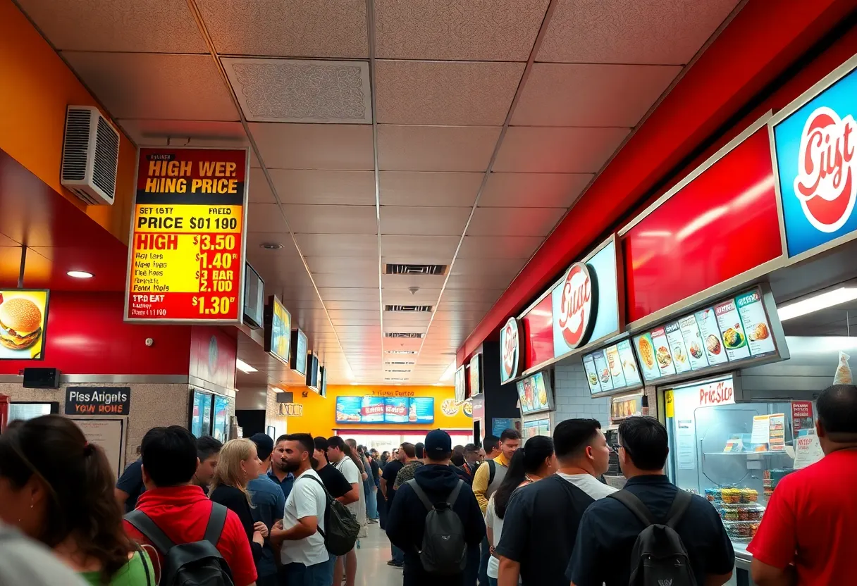 Busy fast food restaurant in Los Angeles showing high prices.