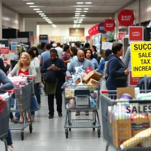 Shopping scene in Los Angeles County with a sales tax increase sign