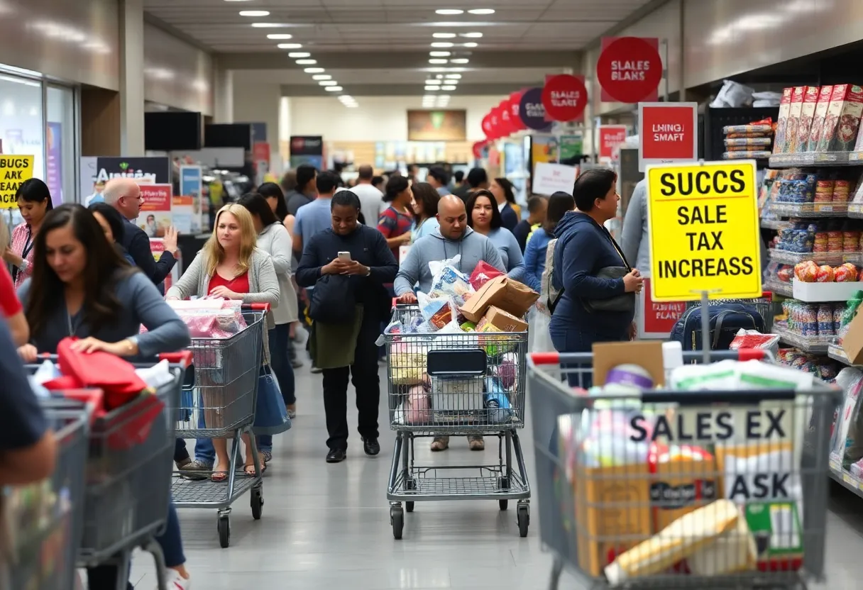 Shopping scene in Los Angeles County with a sales tax increase sign