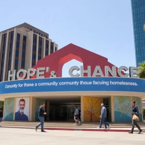Los Angeles cityscape with a focus on community support for homelessness