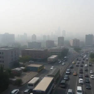 Smog-filled skyline over a busy urban area