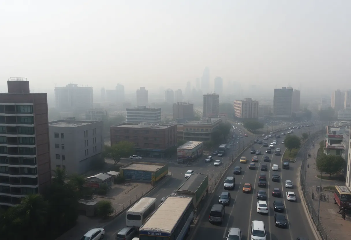 Smog-filled skyline over a busy urban area