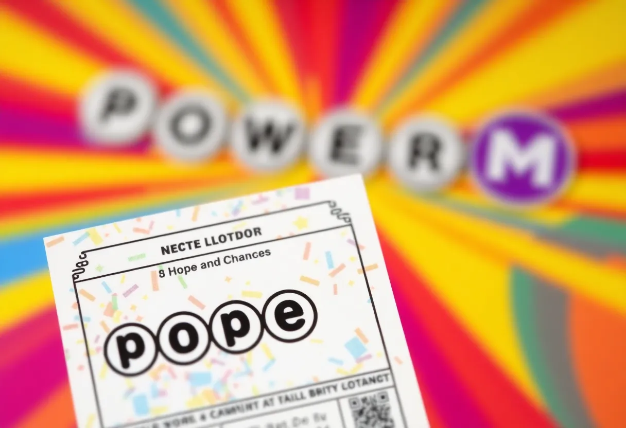 Vibrant image of a Powerball ticket with jackpot graphics.