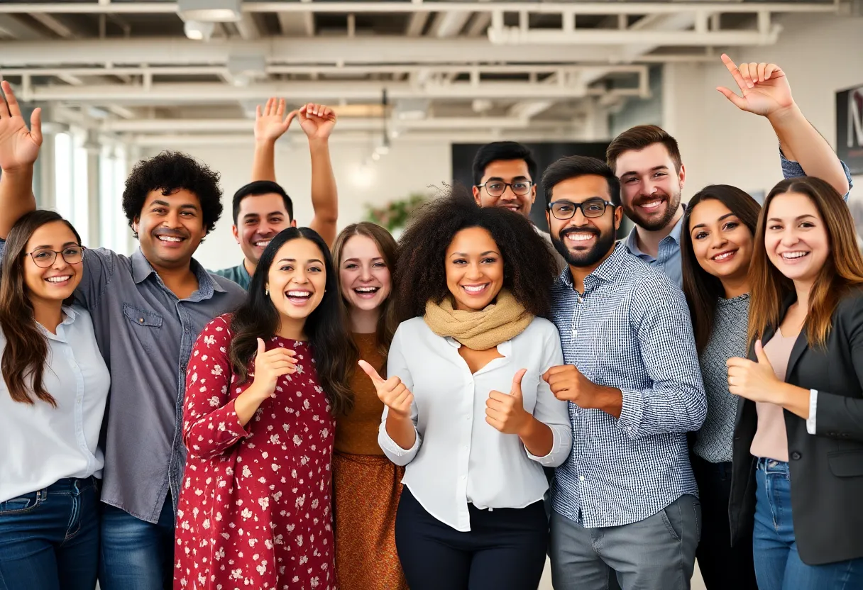 Employees celebrating in a modern office environment