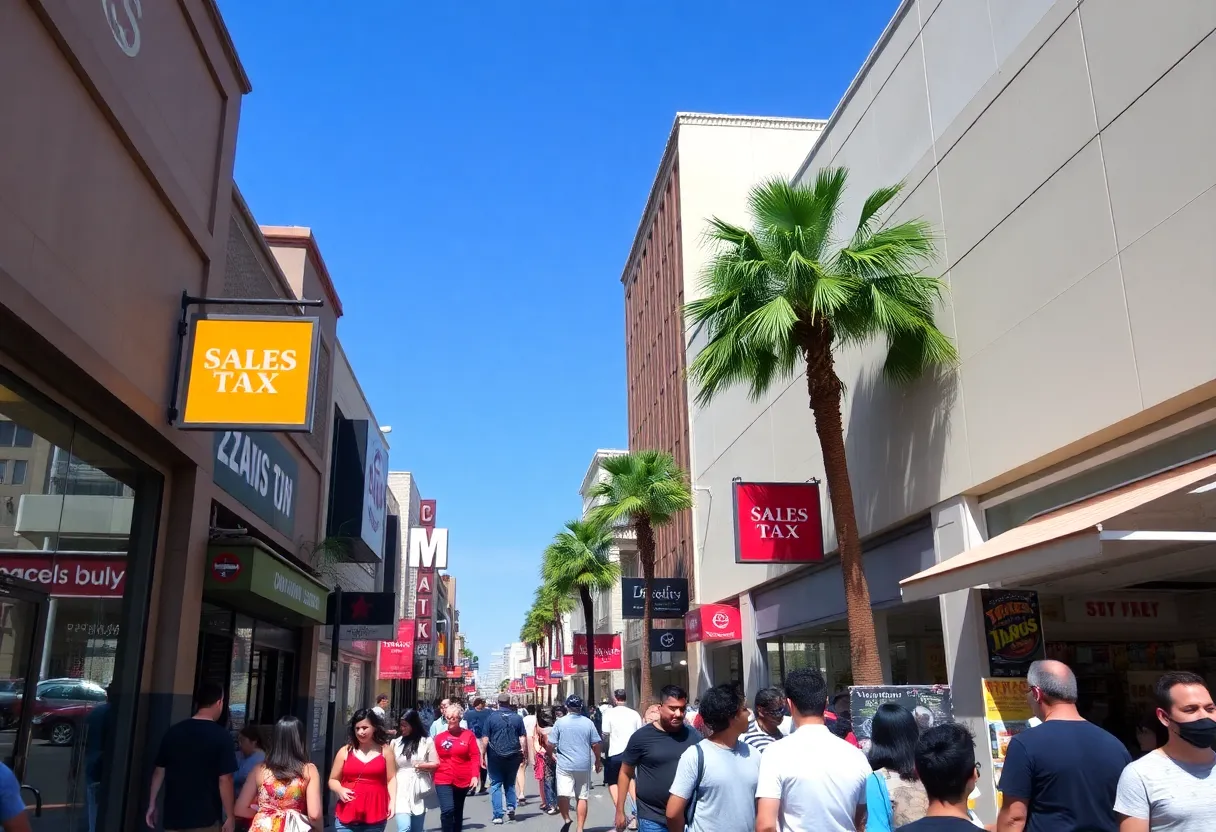 Crowd shopping on a sunny day in Los Angeles with tax signs