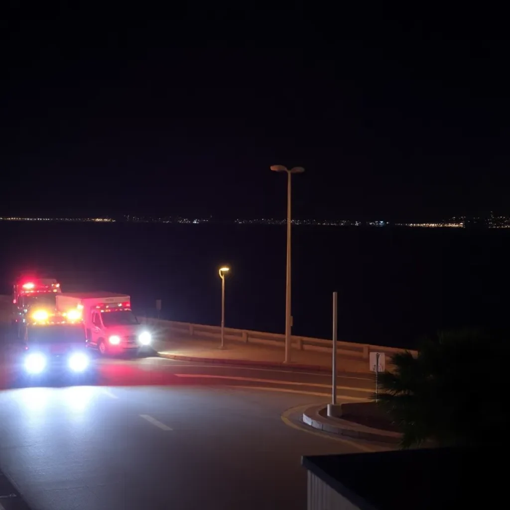 Emergency responders near San Diego Bay at night.