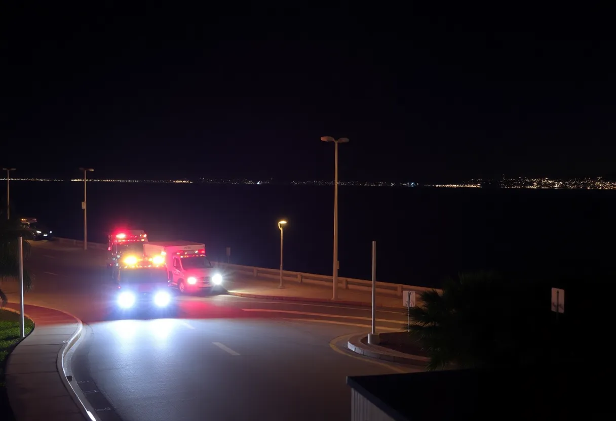 Emergency responders near San Diego Bay at night.