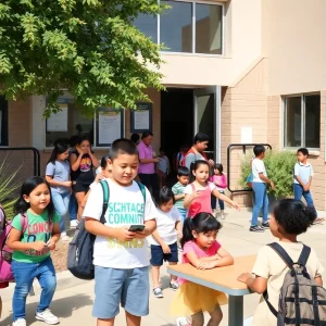 A diverse group of students participating in activities at a community school in San Diego.